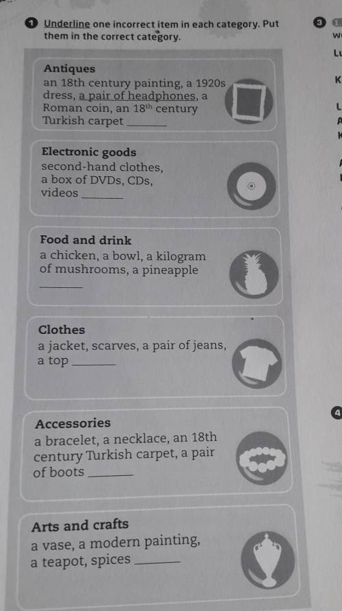 Underline The correct item in each category in the correct category