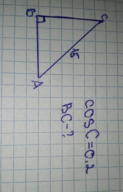 В треугольнике АВС угол В=90, АС=15, cos угла С=0.2, найти ВС-?