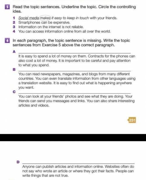 Ex. 6 P. 231 Write the topic sentences from Ex. 5 above the correct paragraph.