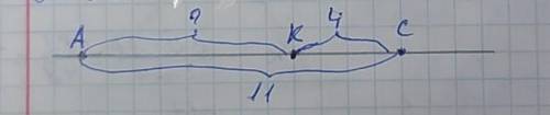 Три точки А, С, К лежат на одной прямой. Известно, что КС = 4 см, АС = 11 см. Найдите длину отрезка