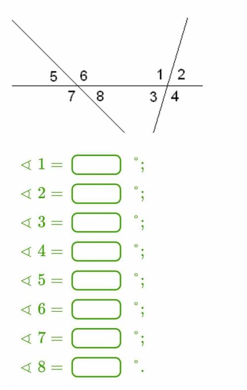 Известно, что ∢4=145°,∢8=36°. Вычисли остальные углы.