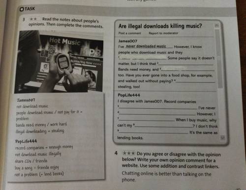 3** Read the notes about people's opinions. Then complete the comments. James007not download musicpe