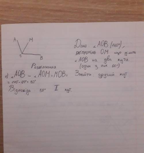 Промінь. ОМ ділить кут АОВ на два кути, один із яких на 60° бiльший за другий, AOB=140