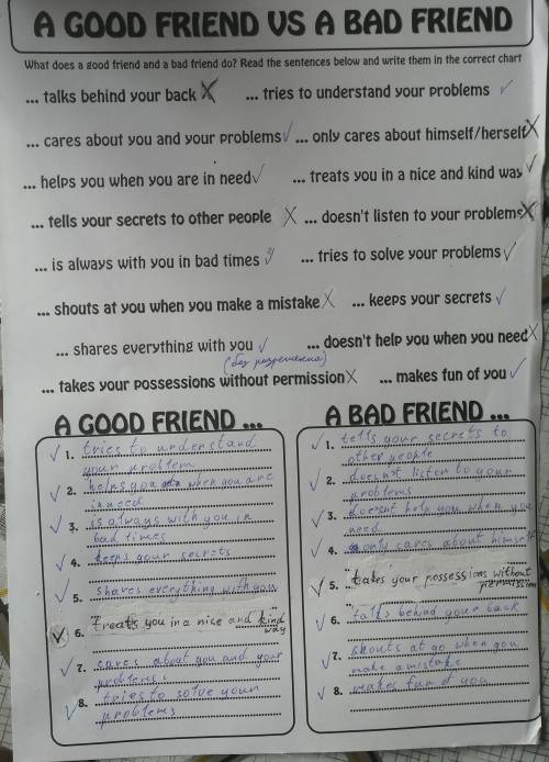 Tell the class about your friend using the phrases from the worksheet A good friend vs a bad friend