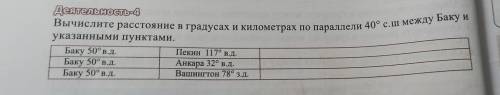 вычислите расстояние в градусах и километрах по параллели 40 грабусов с.ш. между Баку и указынными п