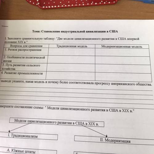 Тема: Становление индустриальной цивилизации в США I. Заполните сравнительную таблицу: Две модели ц