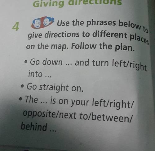 Use the phrases below to give directions to different places on the map. Follow the plan. • Go down