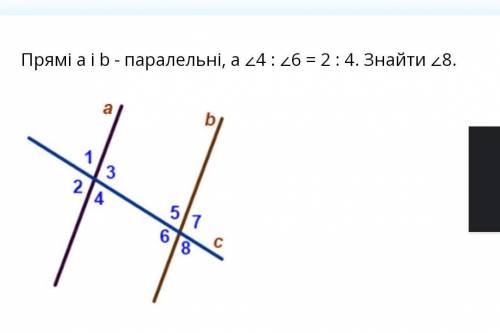 Прямі а і b - паралельні, а ∠4 : ∠6 = 2 : 4. Знайти ∠8.