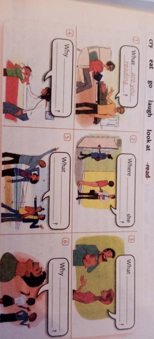 Look at the pictures and complete the questions. Use: eat, laugh at, look, cry, go