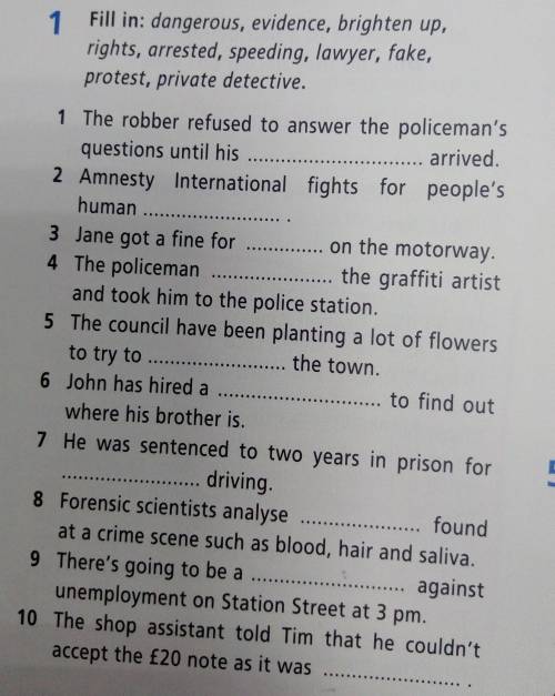 Fill in: dangerous, evidence, brighten up, rights, arrested, speeding, lawyer, fake, protest, privat