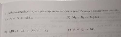 5. Доберіть коефіцієнти, використовуючи метод електронного балансу в схемах таких реакцій: A) Al + S