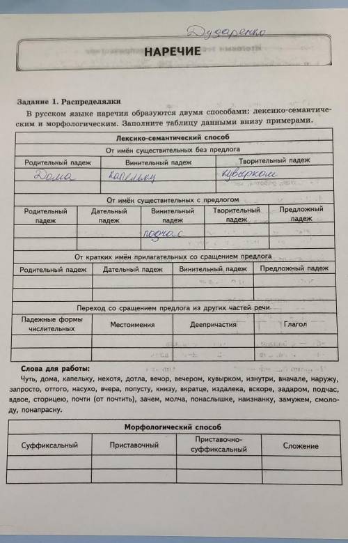 нужно вставить предложенные наречия в ячейки