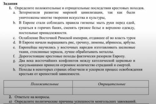 Определите положительные и отрицательные последствия крестовых походов