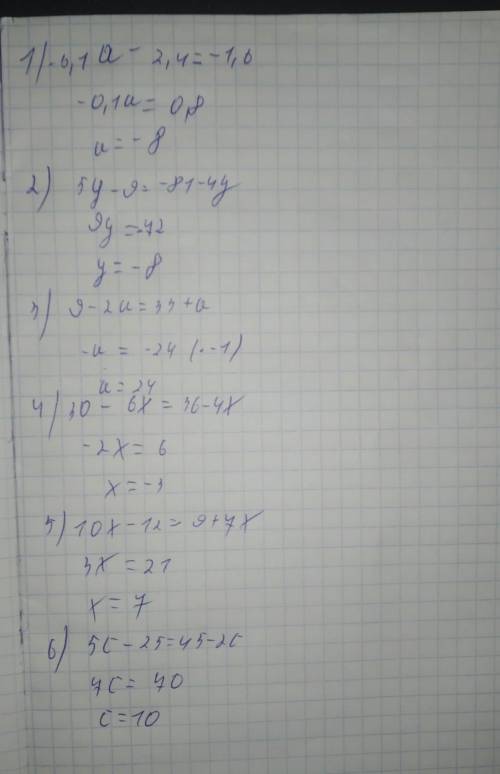 1) -0,1a-2,4=-1,6 2) 5y-9=-81-4y 3) 9-2a=33+a 4) 30-6x=36-4x 5) 10x-12=9+7x 6)5c-25=45-2c