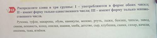Распределите слова в три группы: 1-Употребляется в форме обоих чисел. 2-имеют форму только единствен