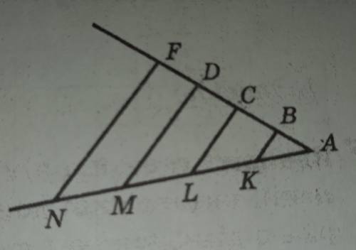 На рисунку BK || CL || DM || FN, AB=BC=CD=DF=3 см. Знайдіть MK, якщо: NK=6 см.