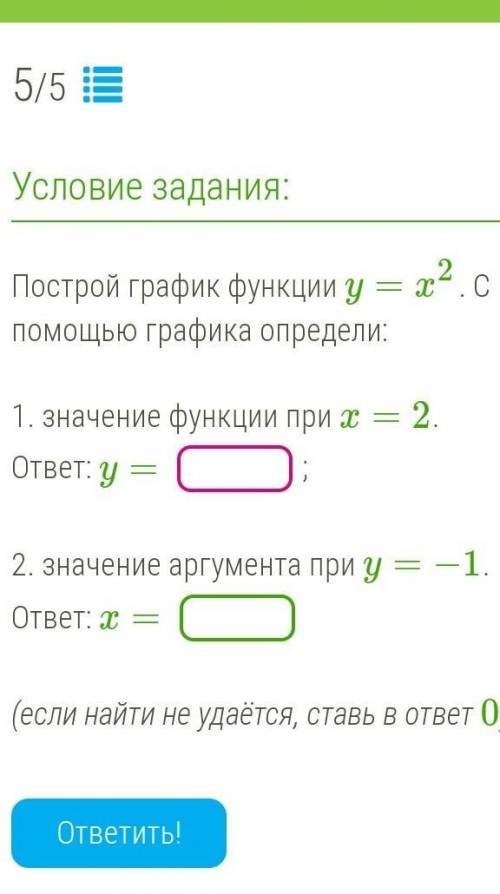 Построй график функции y=x2. С графика определи: 1. значение функции при x=2. ответ: y=; 2. знач