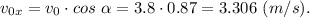 v_{0x} = v_0 \cdot cos~\alpha = 3.8 \cdot 0.87 = 3.306~(m/s).