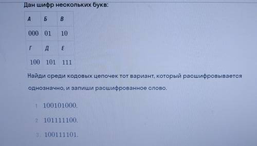 Дан шифр нескольких букв найди среди цепочек тот вариант, который расшифровывается однозначно, и зап