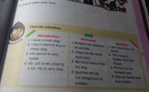 Find the mistakes. CE DETECTOR Vocabulary 1. I have a train dog. 2. I don't want to buy a mess dog 3