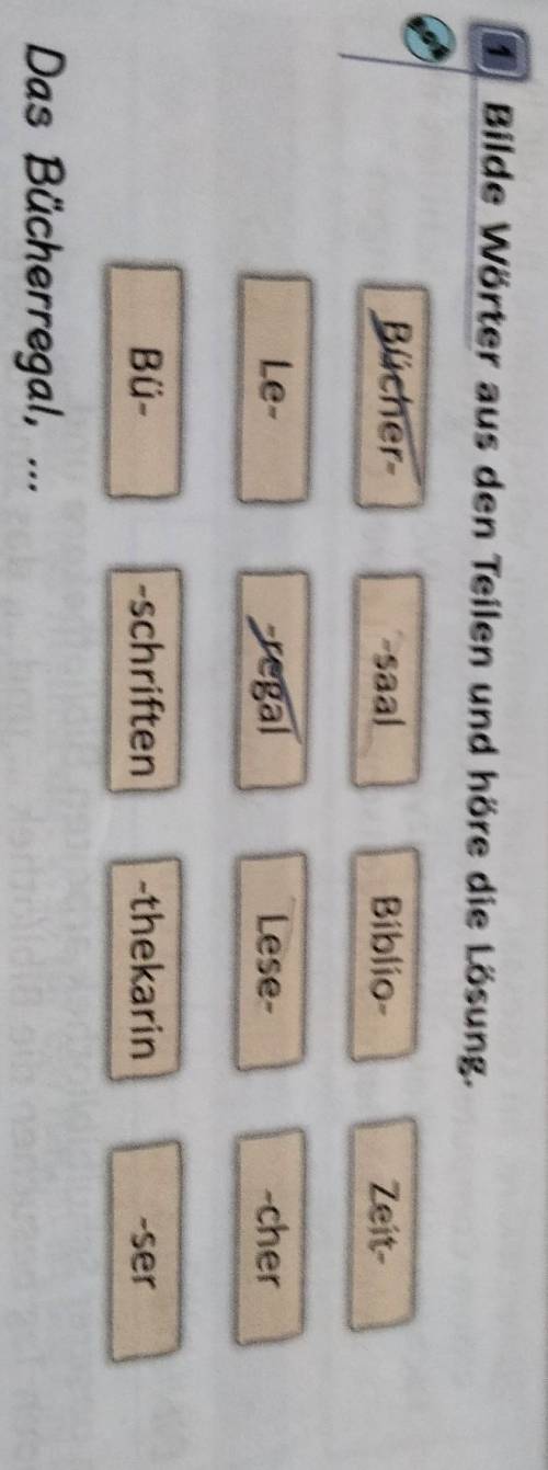 Bilde Wörter aus den Teilen und höre die Lösung. Bücher- -saal Biblio- Zeit- Le- -regal Lese- -cher