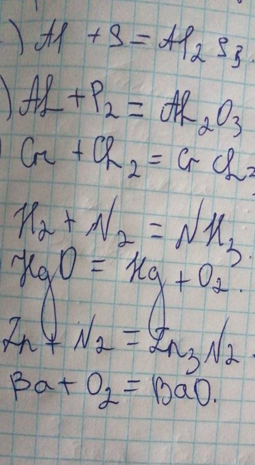 Урівняти рівняння реакцій Al +S= Al+P2= Cr+Ch2= H2+N2= HgO=Hg+O2 Zn+N2= Ba+O2=