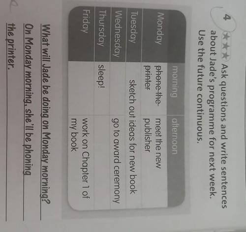 4 Ask questions and write sentences about Jade's programme for next week. Use the future continuous.