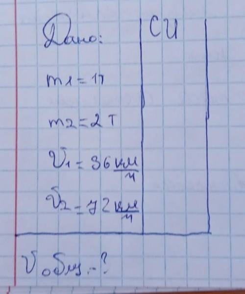 Даноm1= 2тm=2тV1= 36км/чV2= 72 км/чНайти VобщееПри этом перевести в си