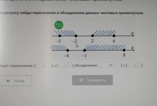 По рисунку найди пересечение и объединение данных числовых промежутков.