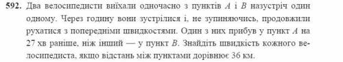 два велосипедисти виїхали одночасно з пунктів а і б назустріч один одному через годину вони зустріли