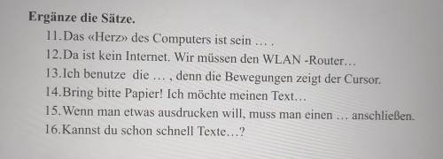 Ergänze die Sätze. 11. Das «Herz» des Computers ist sein ..., 12.Da ist kein Internet. Wir müssen de