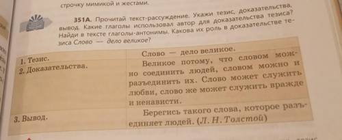 351A. Прочитай текст-рассуждение. Укажи тезис, доказательства, вывод. Какие глаголы использовал авто
