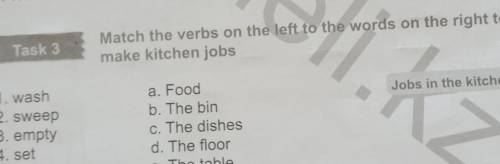 Task 3 Match the verbs on the left to the words on the right to make kitchen jobs Jon in the kitchen