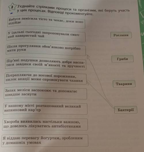 З'єднати стрілками процеси та організми,які беруть участь у цих процесах.