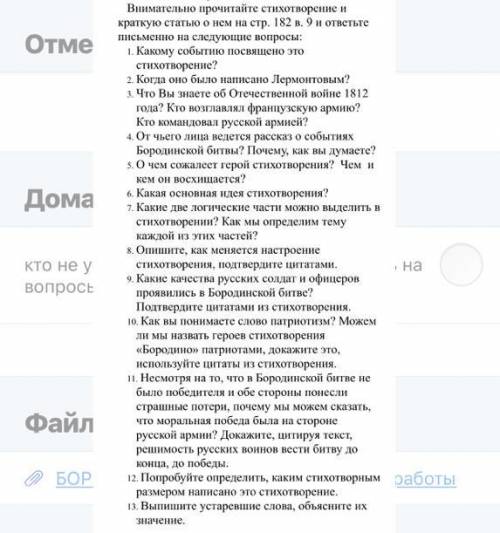 ответить на все вопросы. Стихотворение Бородино