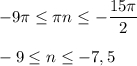 \displaystyle -9\pi \leq \pi n\leq -\frac{15\pi}{2} -9\leq n\leq -7,5